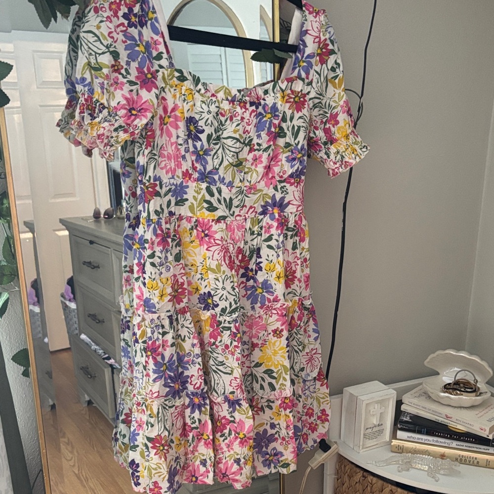 Blu Pepper White Floral Puff-Sleeve Mini with Pink & Purple Accents